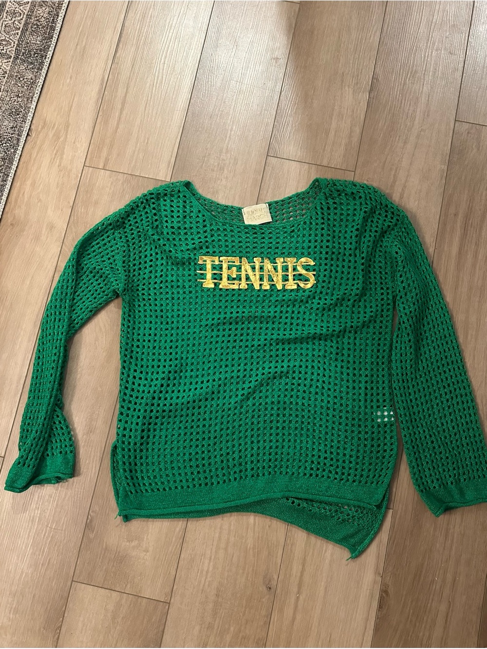 Judith March Green Open-Knit Sweater with Gold 'TENNIS' Applique